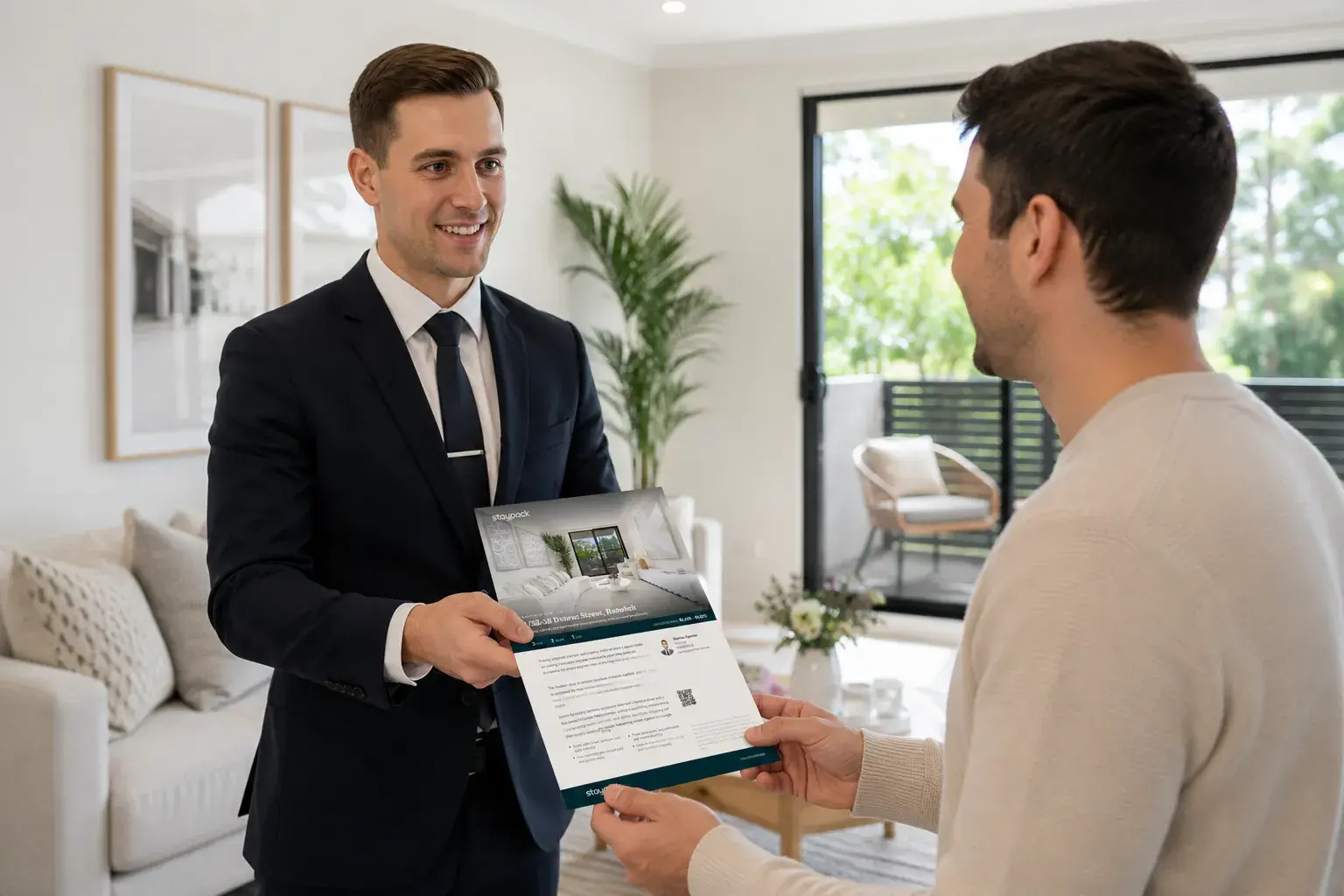 Real estate agent presenting a branded property brochure to a client