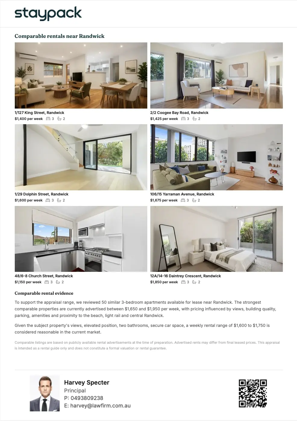 Comparable rental evidence page from a StayPack rental appraisal